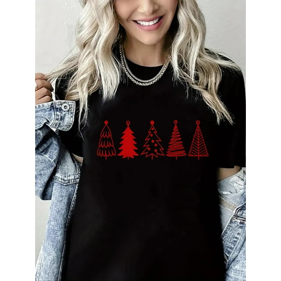 Merry Christmas T-Shirt Christmas Tree Graphic Short Sleeve Shirt for Women