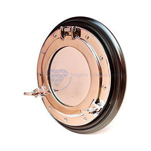 Aluminum Nickel Polished Porthole On Black Wooden Base - (08 Inches, Mirror)