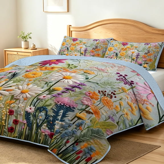 FIVERAM Lightweight Quilts for King Bed,3 Piece Colorful Watercolor Garden Floral Bedspread King Size,Reversible Coverlet Bedding Set for All Season