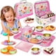 thumbnail image 2 of KMUYSL Juego de fiesta de té para niñas pequeñas, juguete de cocina para niños de 3 4 5 6 años, juguetes para niñas con juego de té de hojalata, postres y estuche de transporte, regalo de Navidad de P, 2 of 4