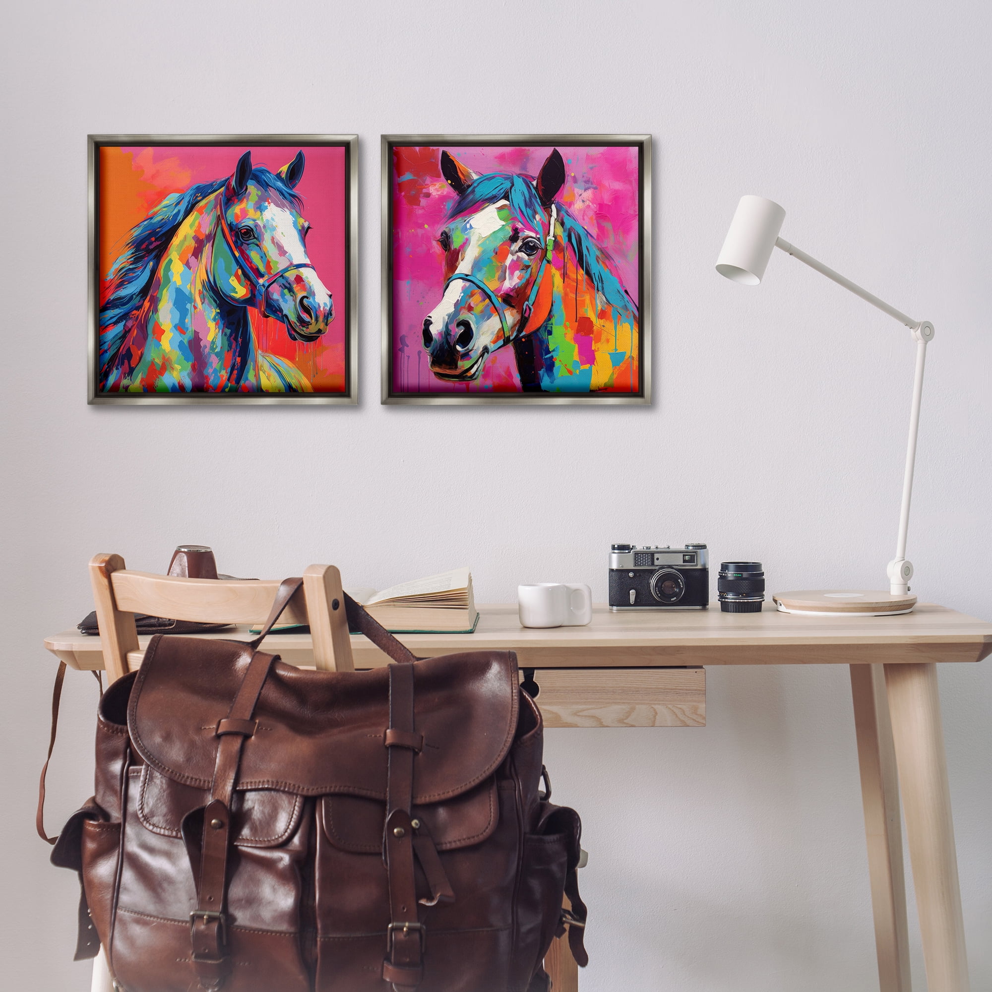 Stupell Industries Bright Neon Horse Portrait Animals Painting Gray Floater Framed Canvas Art Print Wall Art, 18 x 18, Set of 2
