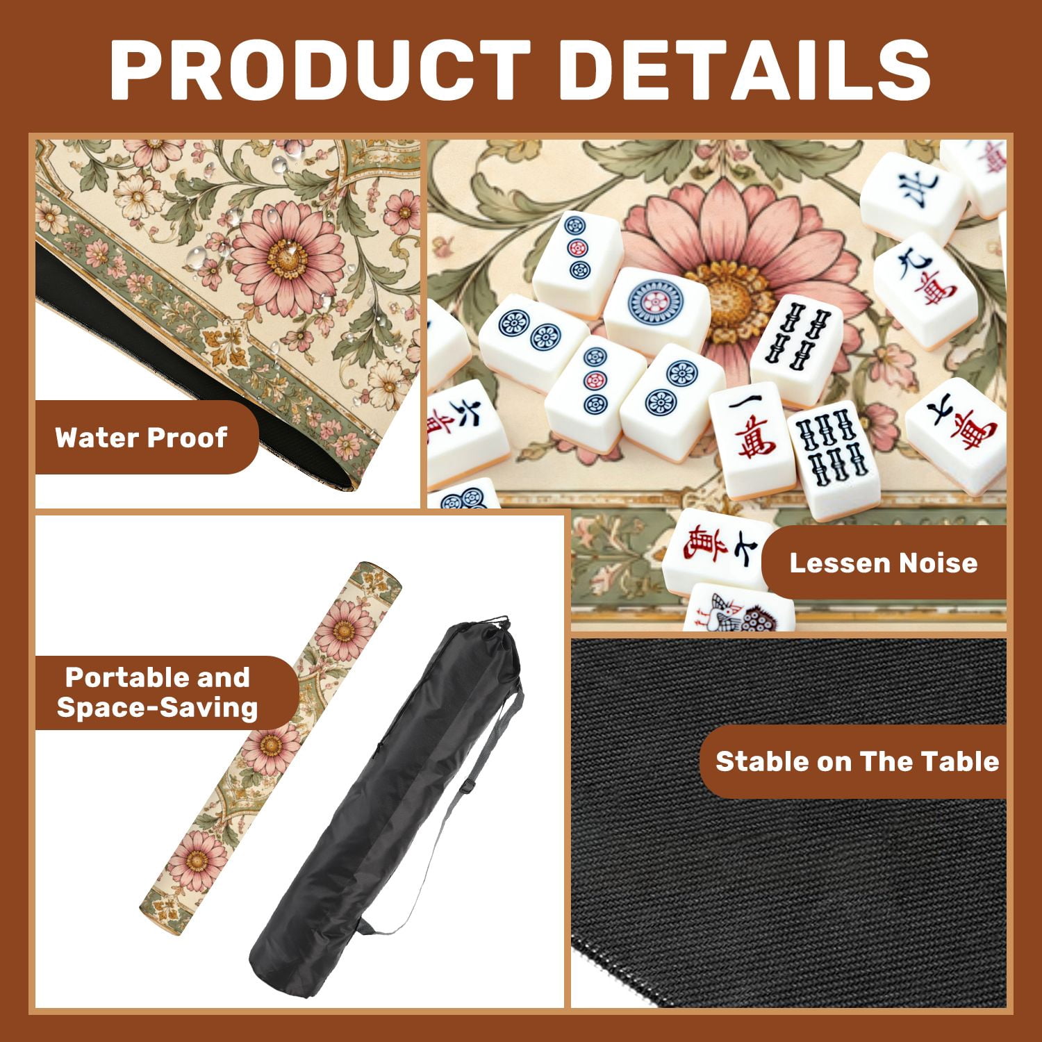 Mahjong Mat 31.5" x 31.5" Floral Ornamental Birds Foliage Soft Pastels Non-Slip Noise Reduction Mahjong Tiles Table Cover for Dominoes Poker Card Board and Tile Games