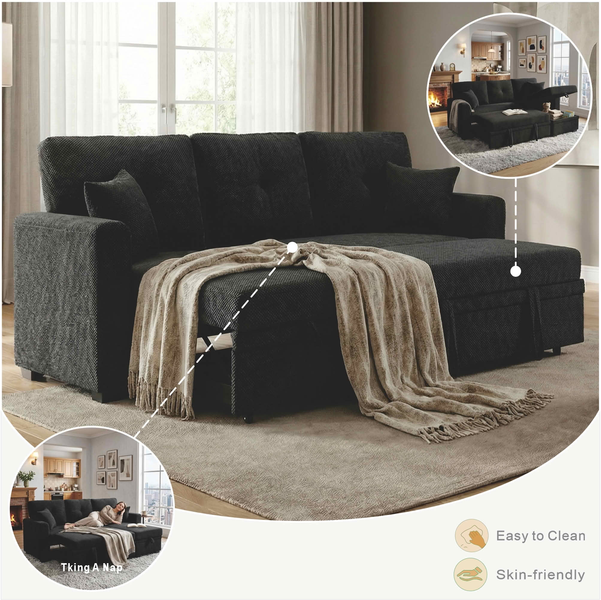 MAYEERTY L‑Shaped Sleeper Sectional Sofa, Convertible Pull‑Out Bed with Reversible Storage Chaise, Dark Gray Breathable Polyester Fabric for Small Living Spaces