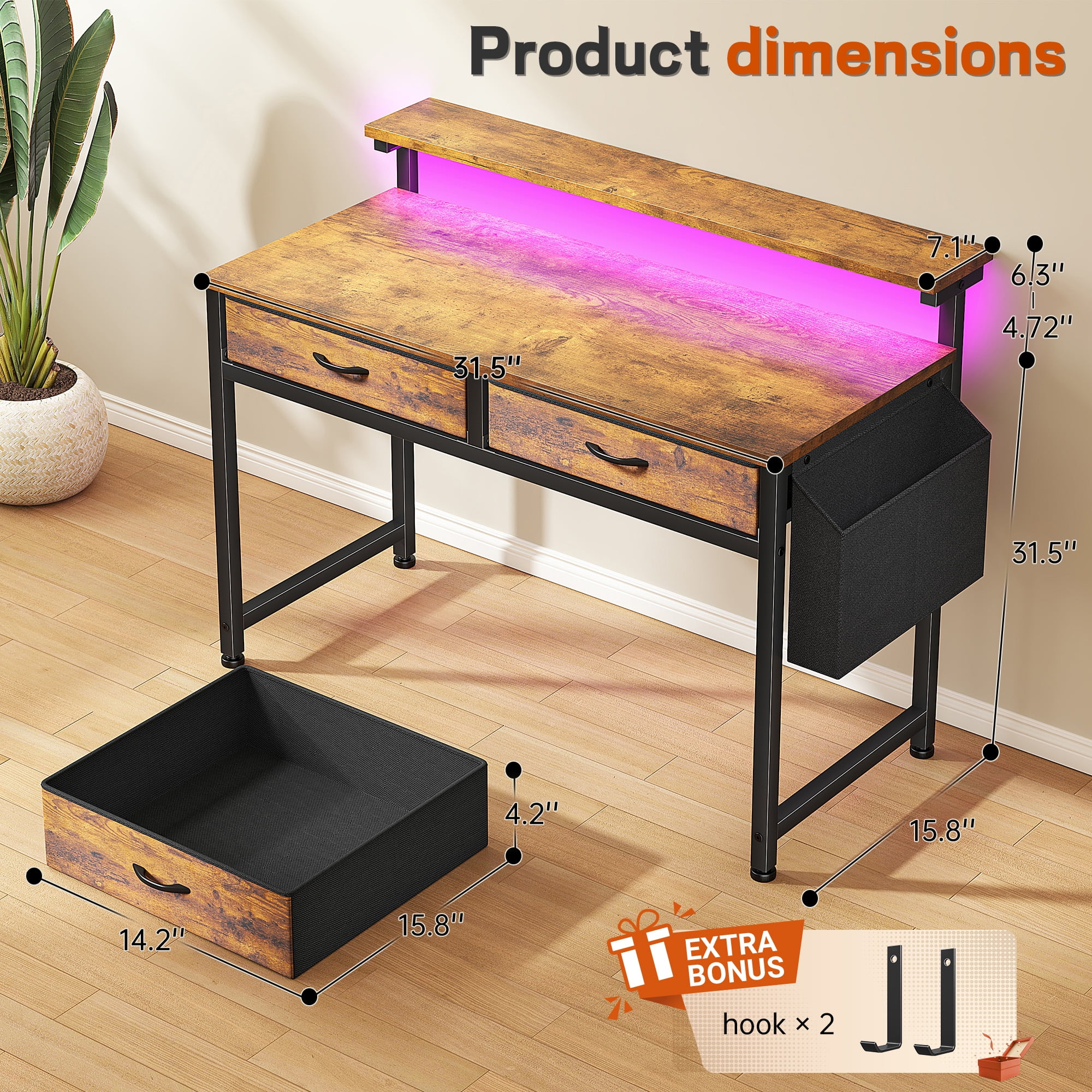 Romorgniz 37.8" H Computer Desk with LED Lights Small Desk with 2 Fabric Drawers & Side Pocket, Ergonomic Study Desk with Monitor Stand for Home Office, Gaming, Small Spaces, Rustic Brown