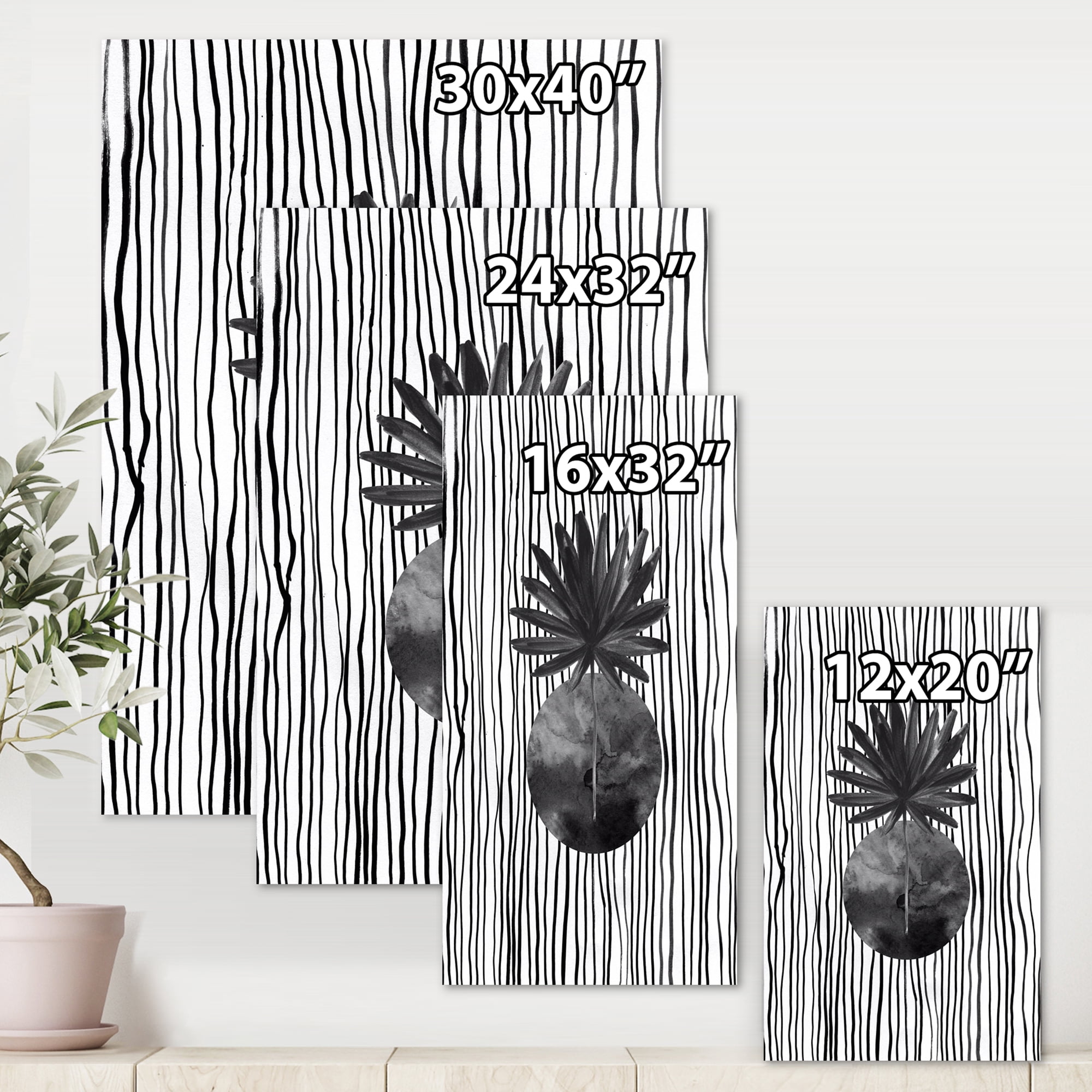 Designart ' Black and White Striped Under Tropical Leaf I ' Modern Canvas Wall Art Print