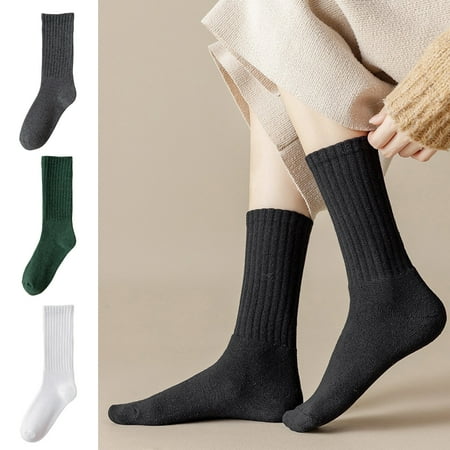 

1 Pair Mid Calf Socks Thickened Plush Lining Stretchy Comfortable Soft Keep Warm Solid Color Autumn Winter Wome