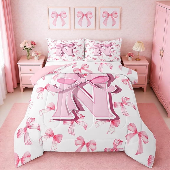 Kids Girls Cute Pink Bow Comforter Set King Monogrammed 50" x 60"