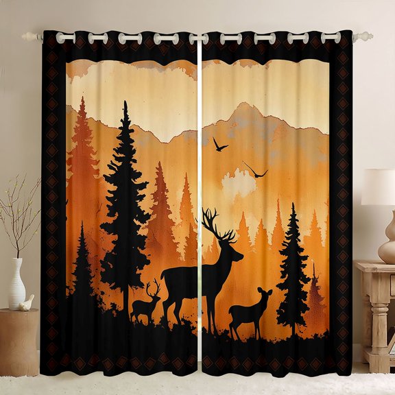 Feelyou Kawaii Deer Family Black Out Curtains, Rustic Wildlife Moose Curtains Pack of 2 (42x63 Each), Jungle Pine Tree Bedroom Curtains, Window Curtains Home Decor