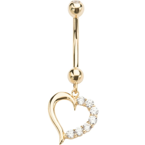 ONLINE Bodyart Clear Gem 14kt Gold Heart Dangle Navel Ring Body Jewelry