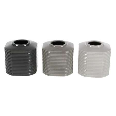 Ribbed Ceramic - Decmode Set of 3 contemporary 7 inch ribbed octagonal ceramic vases, Black, Gray, Off-White