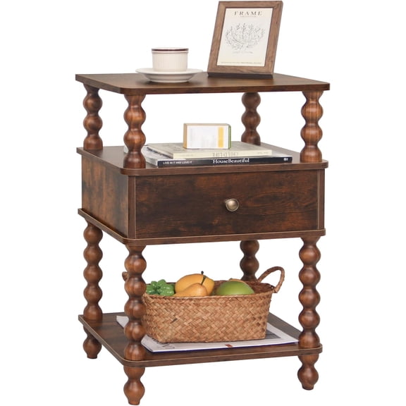 Night Stand, Bed Side Table Bedroom with Drawer, 3-Tier Small Nightstand End Table with Storage for Small Spaces &Solid Spindle , Rustic Brown