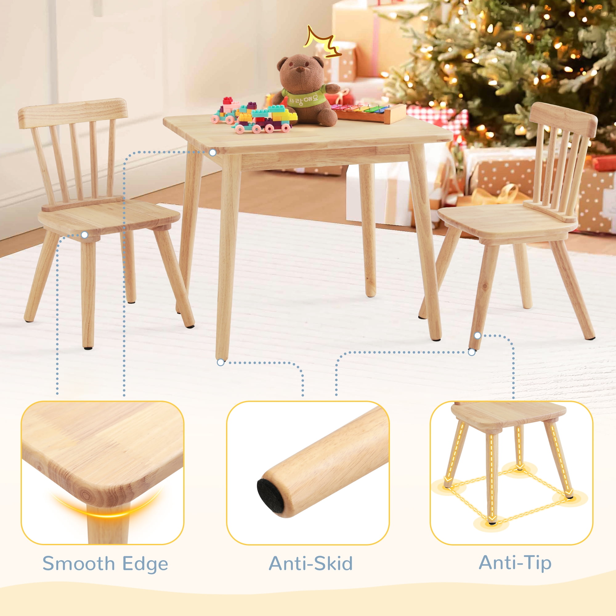 Curipeer Windsor Rubberwood Kids Table and 2 Chairs Set with Non-Slip Legs Round Edge Design for Play, Natural Wood
