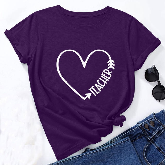 ICHUANYI Clearance Women's Fashion Loose Round Neck Pullover Bottoming Teacher's Day Cute Print Short Sleeve Top T-Shirt(Purple, M) ICHUANYI WER2023081111911