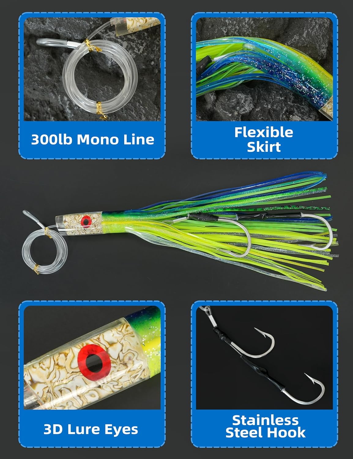 BLUEWING 15in Big Game Trolling Lure with Double Rigged Hookset and 300lb High Strength Fishing Line Saltwater Fishing Lures for Wahoo Tuna Marlin Mahi Mahi Green/Blue