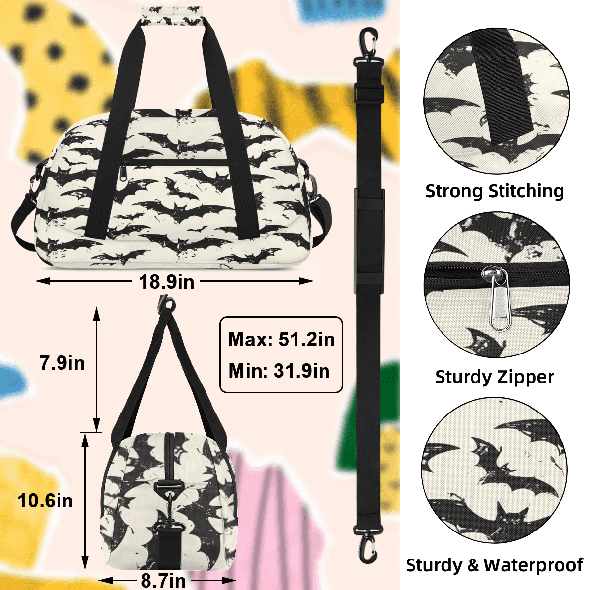 Herdesigns Halloween Sports Duffle Bag for Women & Men, Spooky Bats Gym Bag Dance Bag Overnight Bag Carry On Weekender Travel Bag