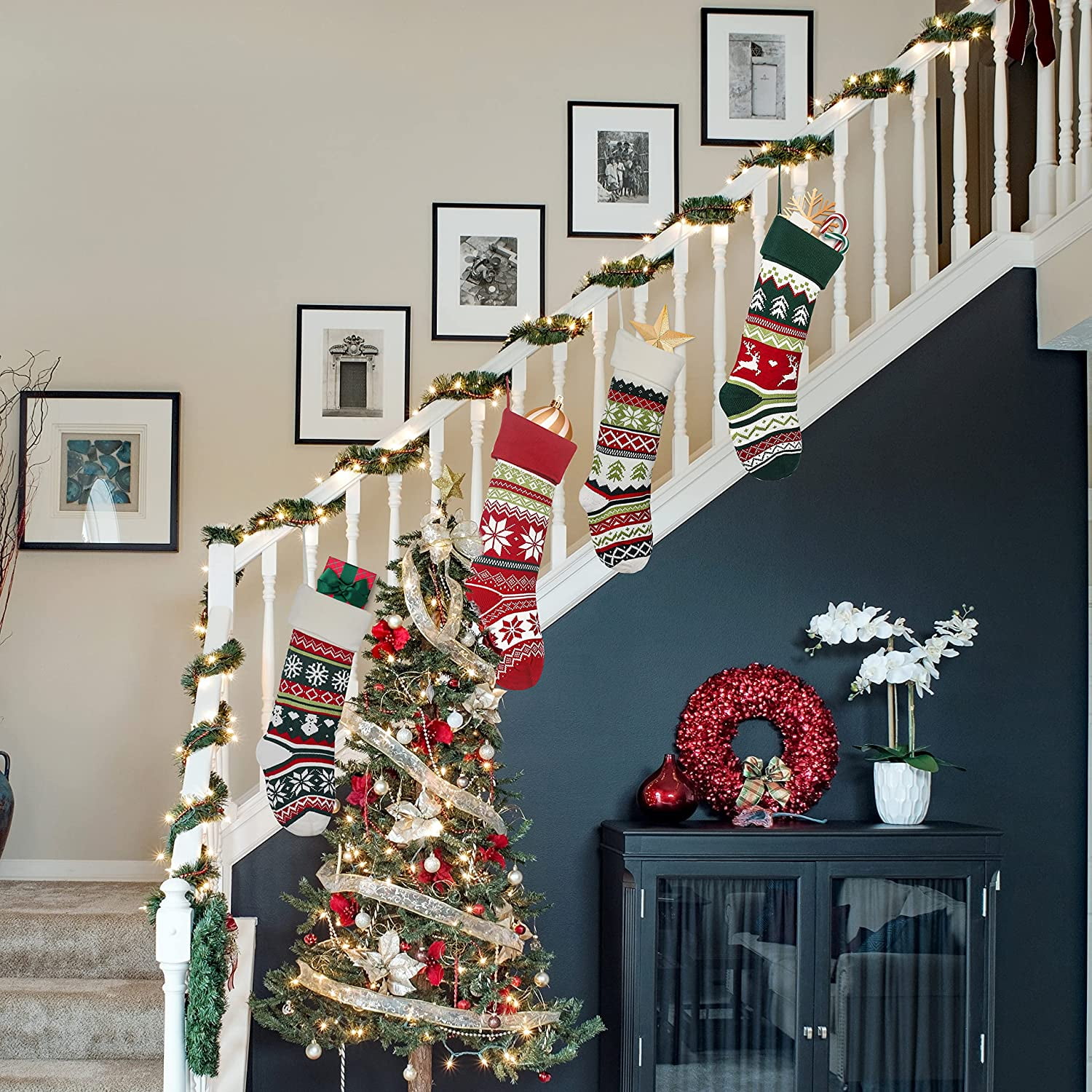 Knit Christmas Stockings,4 Pack Snowflake Reindeer Snowman Personalized Cable Knit Stockings for Christmas Candy Gifts Decor