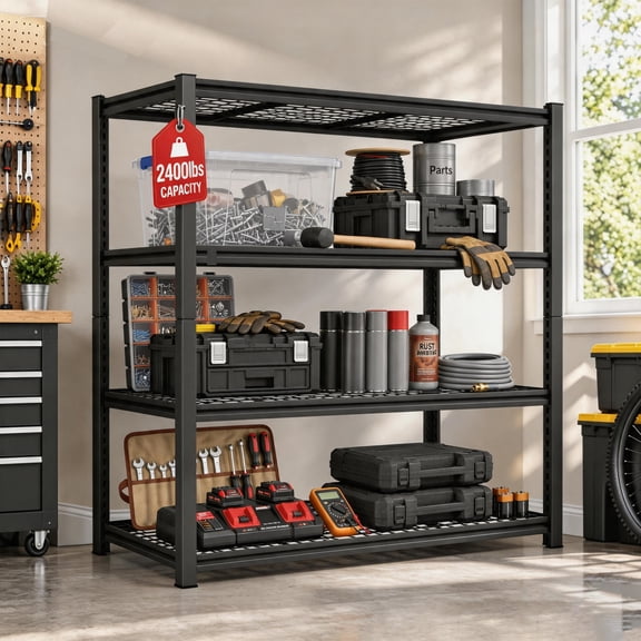 Nnovaroom 2400lbs Garage Shelf, 4-Tier Adjustable Heavy Duty Metal Storage Rack, 60"H x 40"W x 20"D, Black
