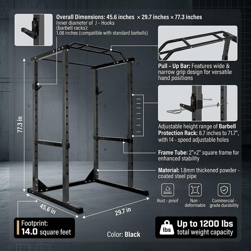 Tanfengu 1200 lbs Power Cage, Heavy-Duty Steel Squat Rack with Adjustable Safety Bars & Multi-Grip Pull-Up Bar for Home Gym Strength Training（Black)