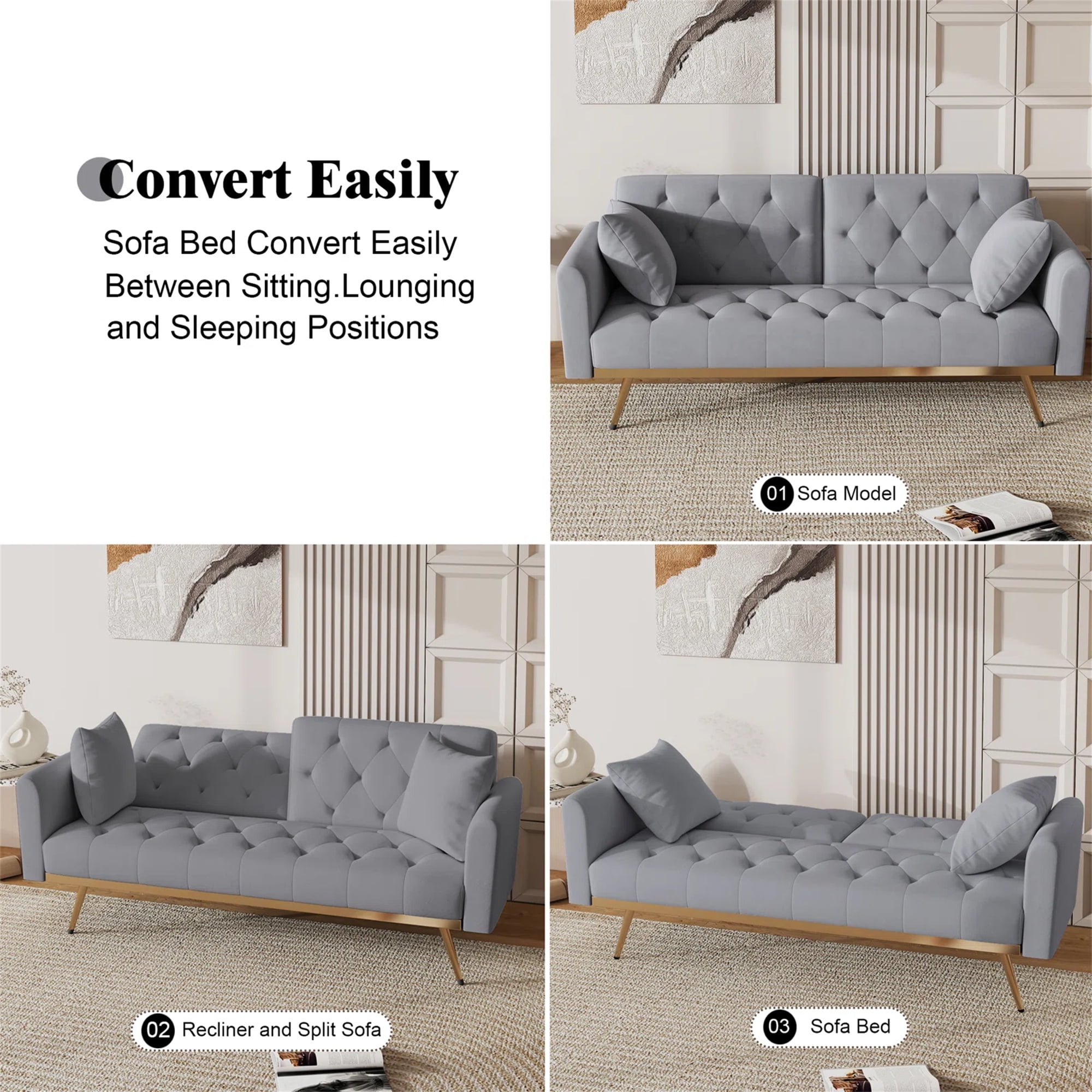 Aukfa Velvet Futon Convertible Sofa Bed for Home Office, 2 Pillows, Upgraded Metal Base, Gray
