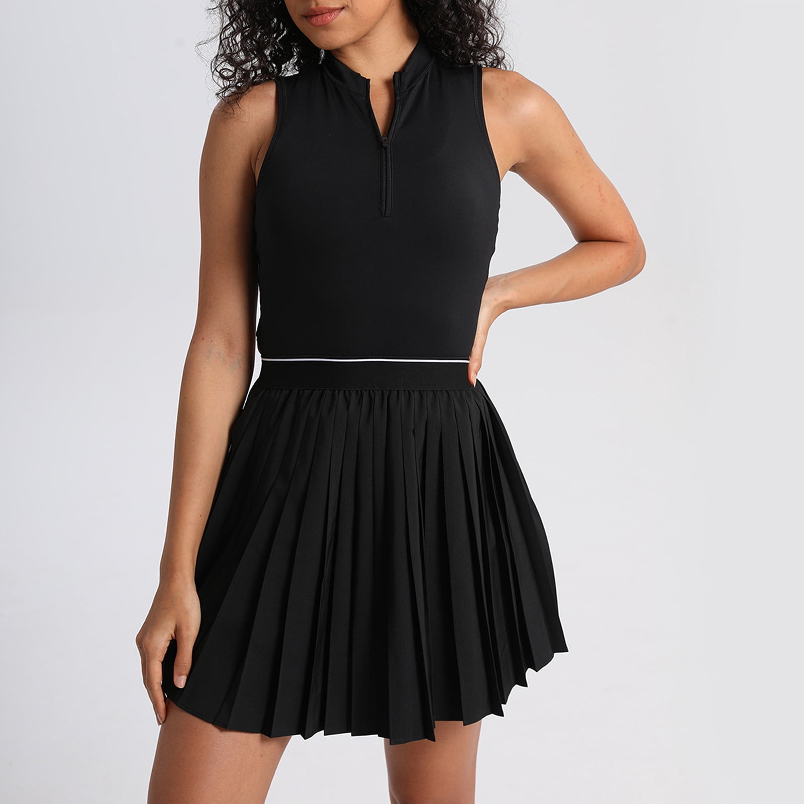 Qiopertar Women's Sleeveless Tennis Dress Turn-Down Collar Fitted Back Cutout Workout Running Skort Casual Comfy Stretchy Polyester Athletic Dress, Black S