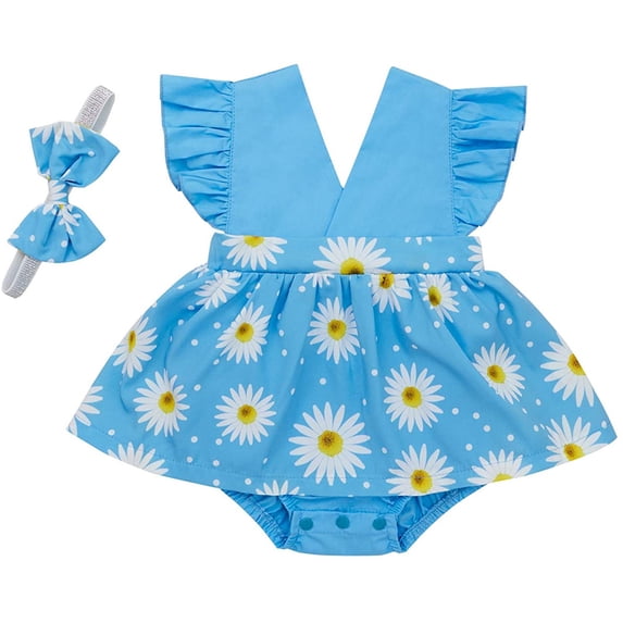 Seyurigaoka Baby Girls Outfit, Printing Splicing Fly Sleeve Romper Bow Headwear