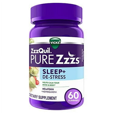 ZzzQuil PURE Zzzs De-Stress Melatonin Sleep Aid Gummies, Helps Calm Your Mind and Body, Ashwagandha for Stress Support, Sleep Aids for Adults, 1 mg per gummy, 60 Count