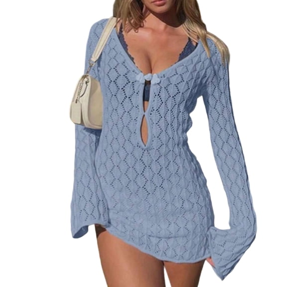 JULMCOMO Crochet Beach Cover Ups for Women Knit Long Sleeve V Neck Keyhole Summer Bikini Cover Ups for Swimwear Vacation Outfits Blue XS