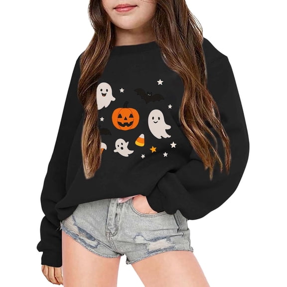 Toddler Kids Girls Sweatshirt Halloween Long Sleeve Cartoon Print Tops Casual Crew Neck Breathable Black Pullover Sweater,Black,11-12 Years