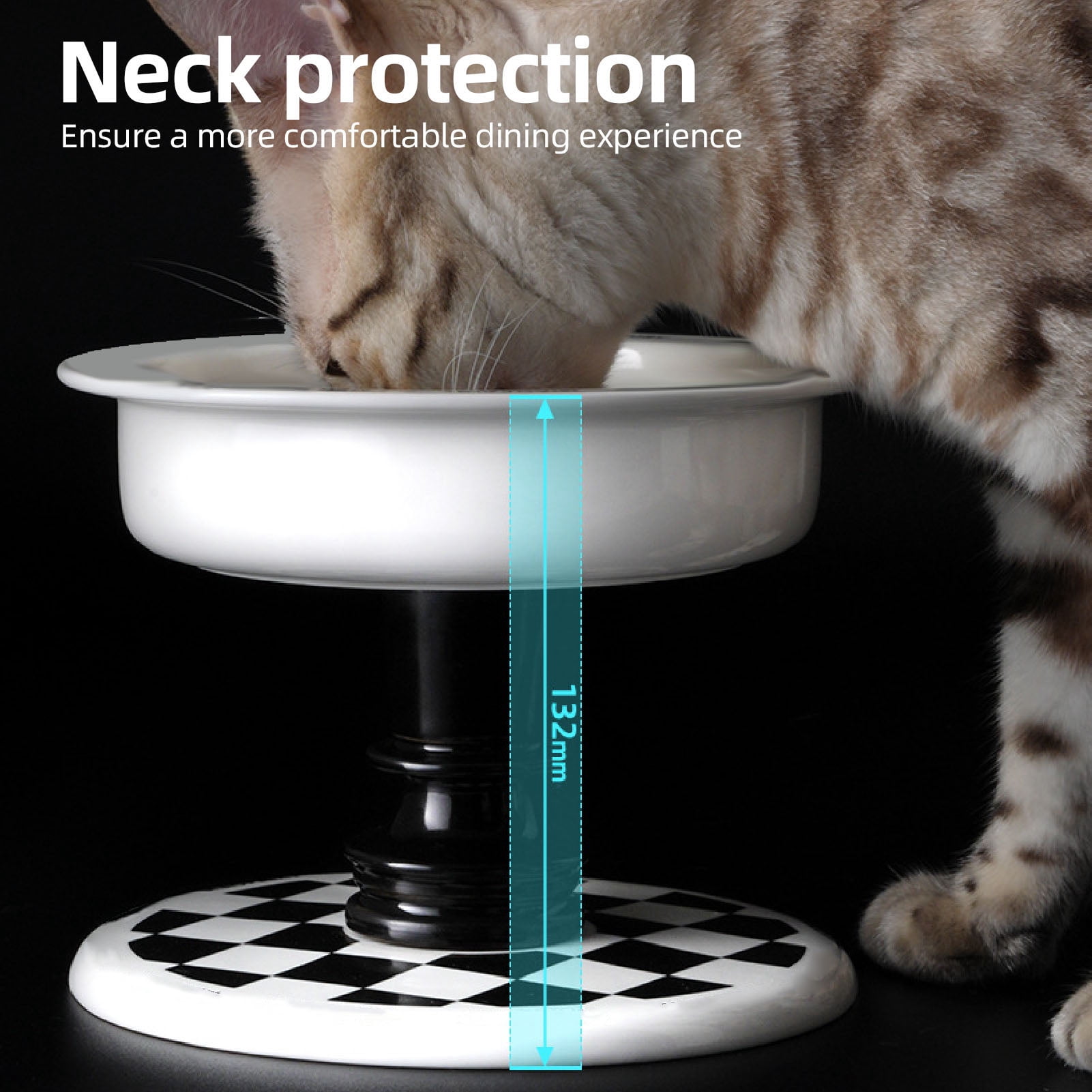 NFTIGB Elevated Ceramic Cat Bowl with Checkerboard Pattern, Anti-Tipping Raised Pet Food and Water Dish for Indoor Cats and Small Dogs, Neck Protection Feeding Station (6.69 inches / 17 cm)