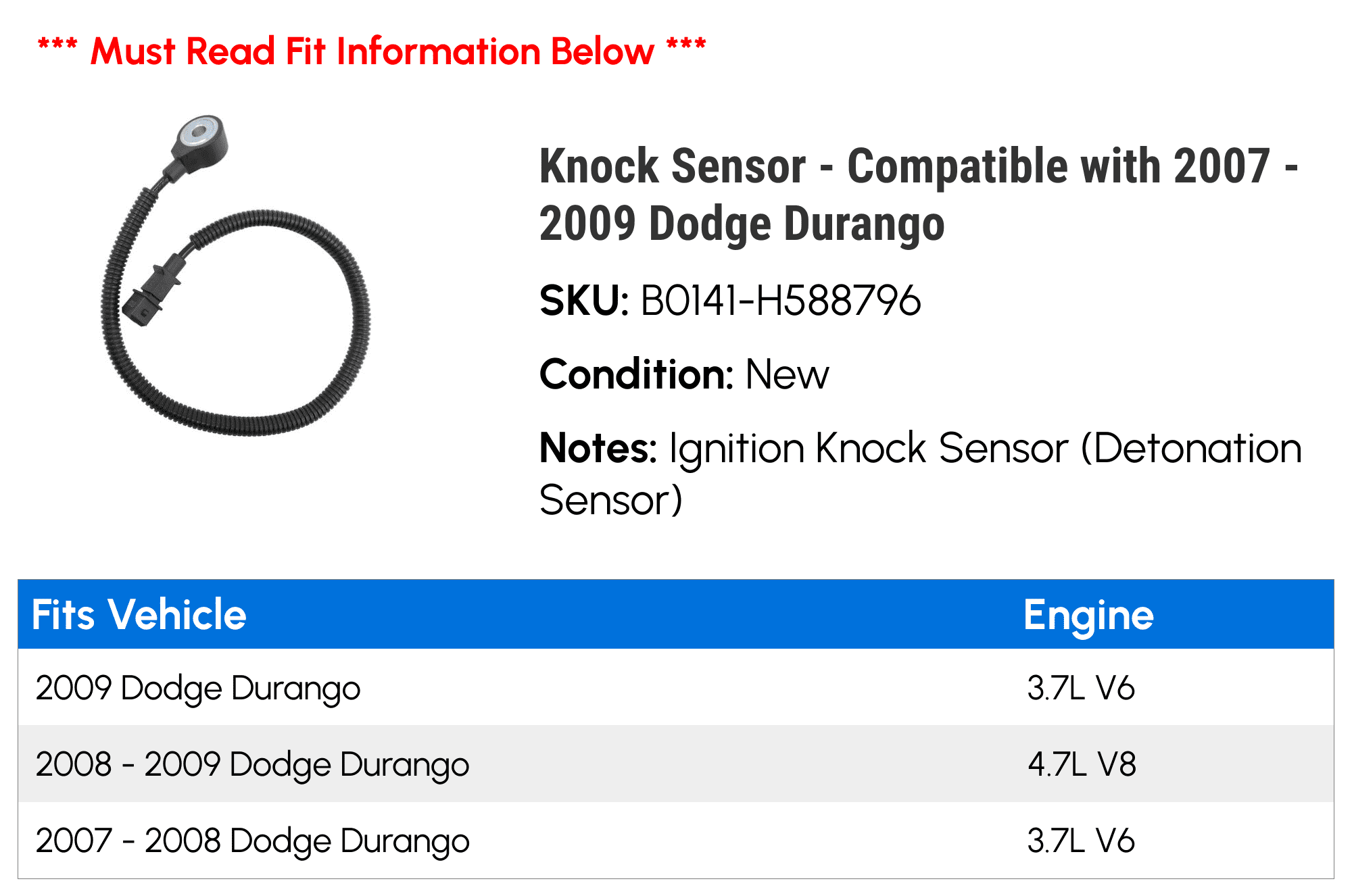 Knock Sensor - Compatible with 2007 - 2009 Dodge Durango 2008