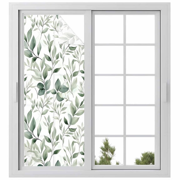 Eucalyptus Leaf Window Privacy Film Green Plant Watercolor Farmhouse Decorative Glass Window Film UV Blocking Static Cling Non-Adhesive Sticker Covering for Home Door 29.5 x 78.7 inches