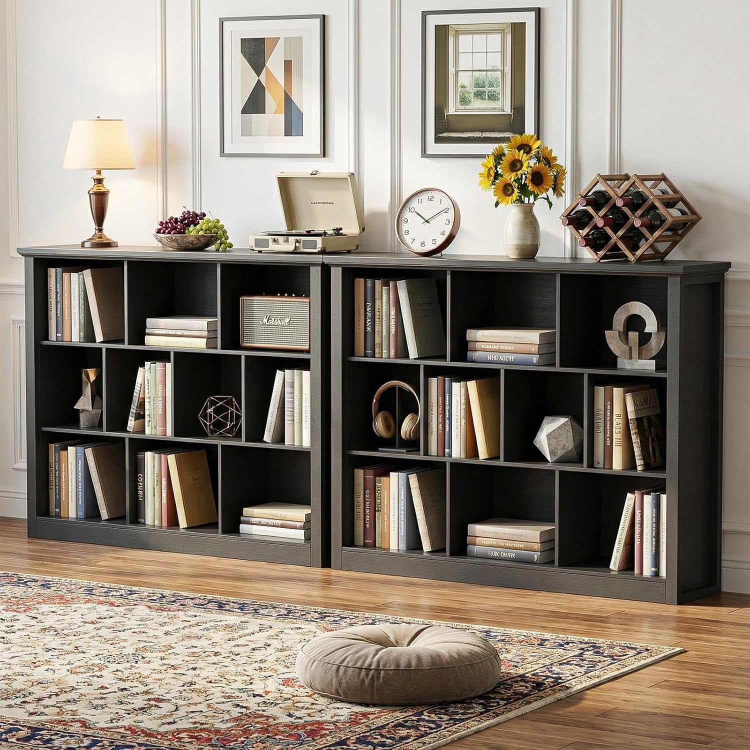 Homieasy 50" Wood Cube Storage Organizer, 10 Cube Storage Book Shelf, Wooden 3 Tiers Floor Standing Low Bookcase for Living Room, Bedroom, Home Office, Kids Room, Black