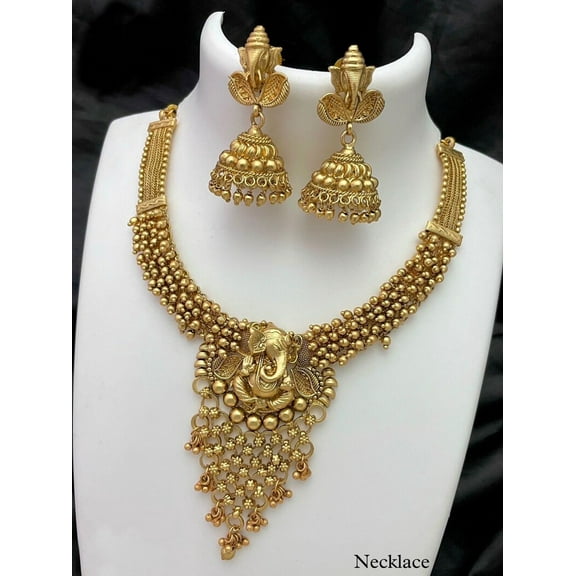 Antique Gold Ganesha Temple Jewelry Necklace & Jhumka Earrings Set – Traditional Indian Bridal & Festive Wear