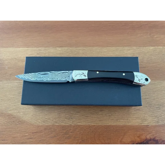 2.8” 67 Layers Damascus Navaja Pocket Knife with Ebony Scales With Presentation Box