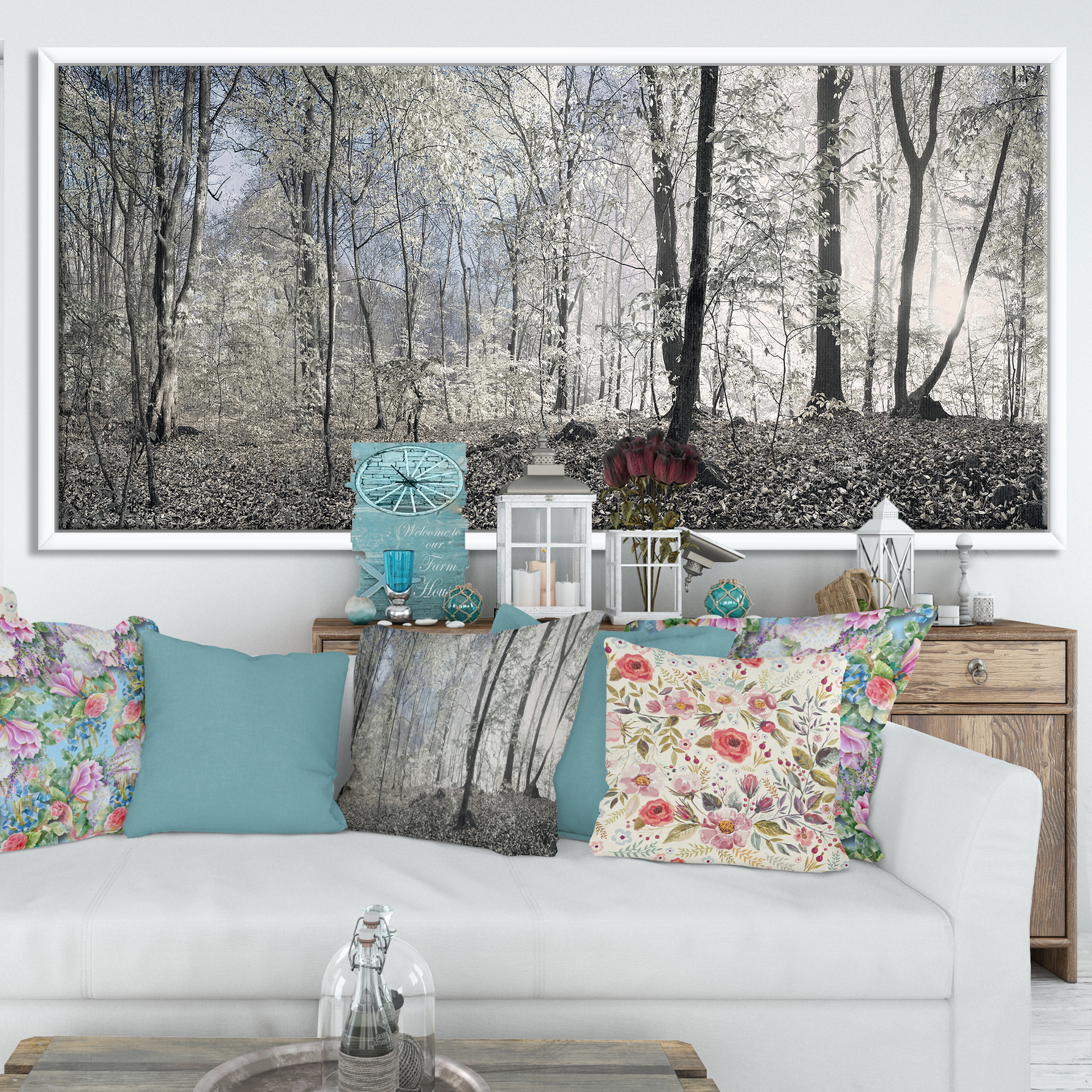 Designart ' Dark Morning in Forest Panorama ' Large landscape Framed Canvas Art Print