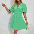 thumbnail image 2 of Summer Fashion Dresses for Womens 2024 Plus Size V-Neck Puffy Sleeves Temperament Pleated High-waisted Mini Dress Solid Color Short-sleeved V-neck Dress Gift for Women Womens Plus $15 & Under, 2 of 5
