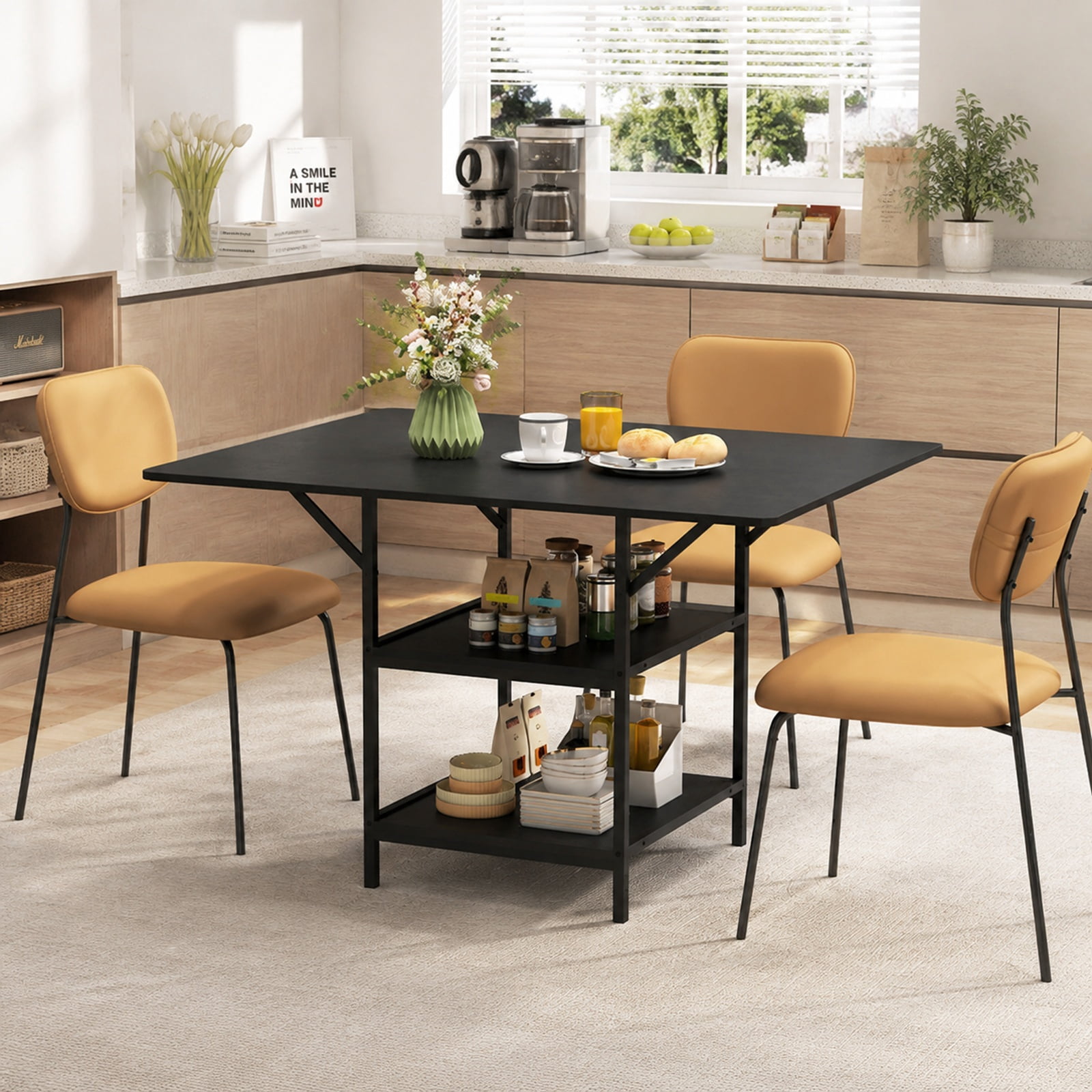 Furnibear 47 Inch Rectangular Dining Table for 4 to 6 with 2 Open Storage Shelves and Sturdy Metal Legs for Kitchen and Dining Room, Black
