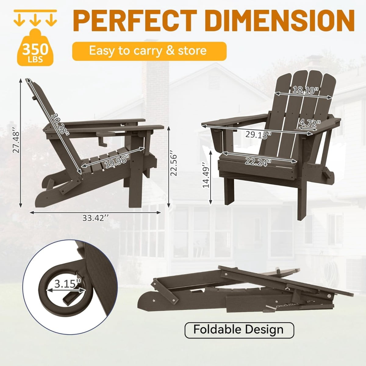 TOPCOMFY Adirondack Chair Folding All-Weather HDPE Plastic Outdoor Patio Lawn Fire Pit Seating with Cup Holder Brown