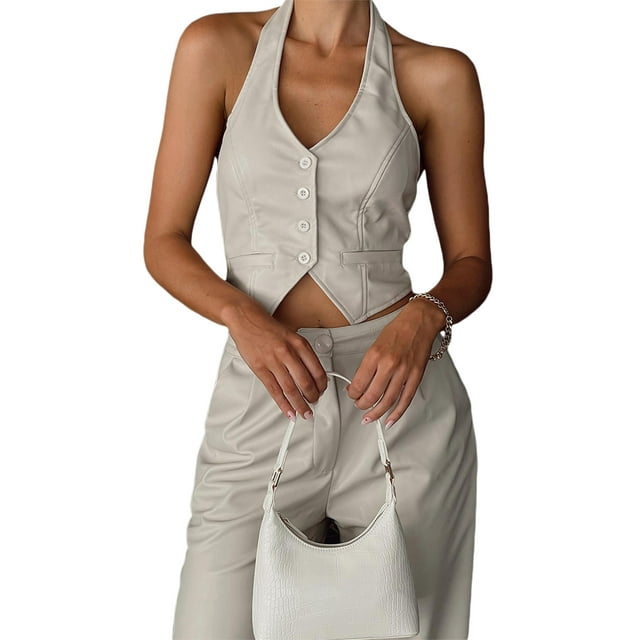 Sunloudy Camisola Femenina, Verano Color Sólido Cuello Halter Casual Chaleco Crop Tops con Botones para Adultos, S/M/L/XL Sunloudy moda