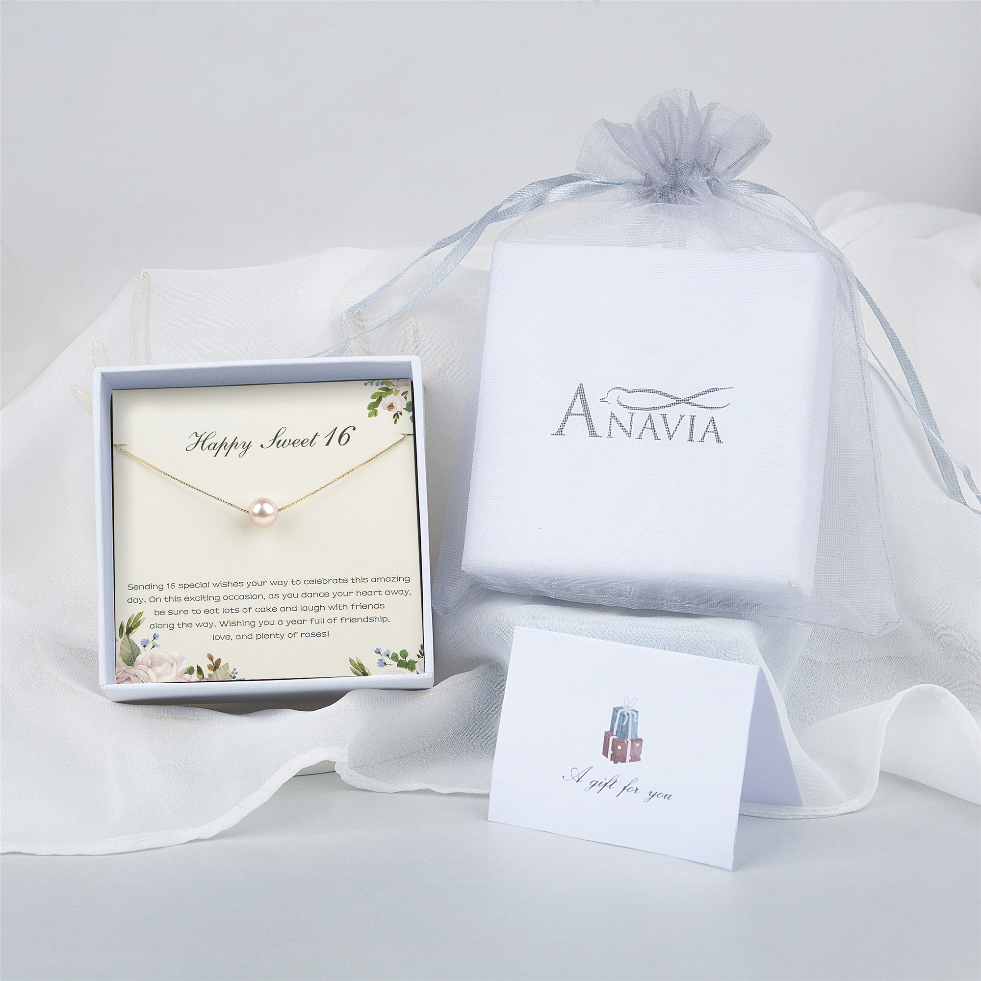Anavia Happy Sweet 16 Gift for Daughter, 16th Birthday Gift for Niece, Birthday Gift for 16 Year Old Girl-[Pink Pearl + Gold Chain]