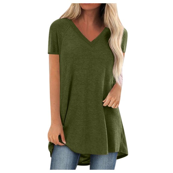 Lyinloo Women Fashion Plus Size Print V Neck Short Sleeved Long T-shirt Blouse Green L