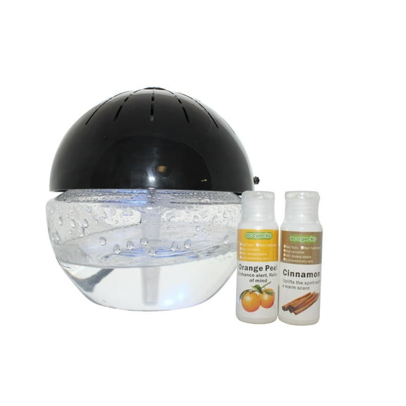 EcoGecko Earth Globe Glowing Water Air Revitalizer – Air Washer, Freshener & Essential Oil Diffuser – Includes 30ml Orange Peel & 30ml Cinnamon Oils, Black