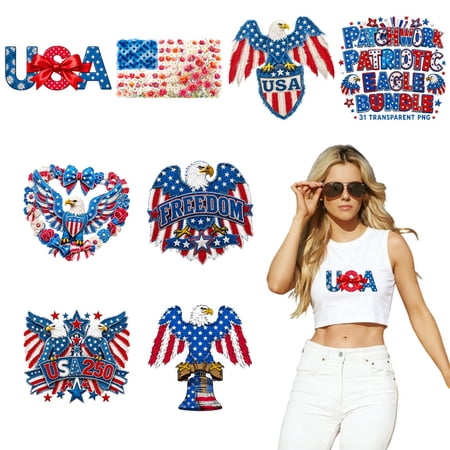 8 large-sized iron-on transfer sheets , DTF Transfer Ready to Press for T-Shirts, Usa Flag Eagle Freedom Patriotic , Waterproof Heat Transfer Vinyl for Apparel(28CM-11.02in)