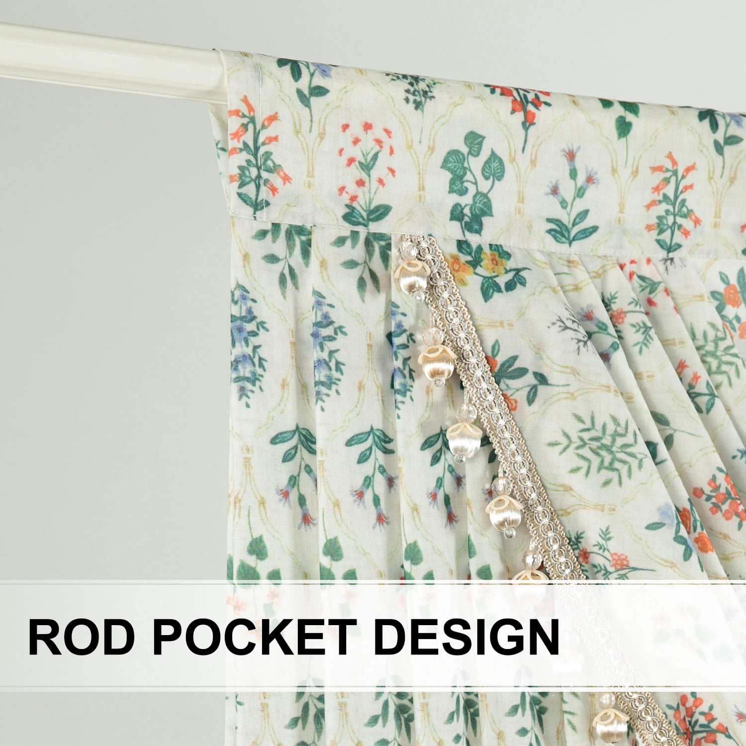 VOGOL Vintage Floral Waterfall Valance 59x43 Inch - Sheer Voile Farmhouse Curtain Topper with Beaded Fringe for Living Room