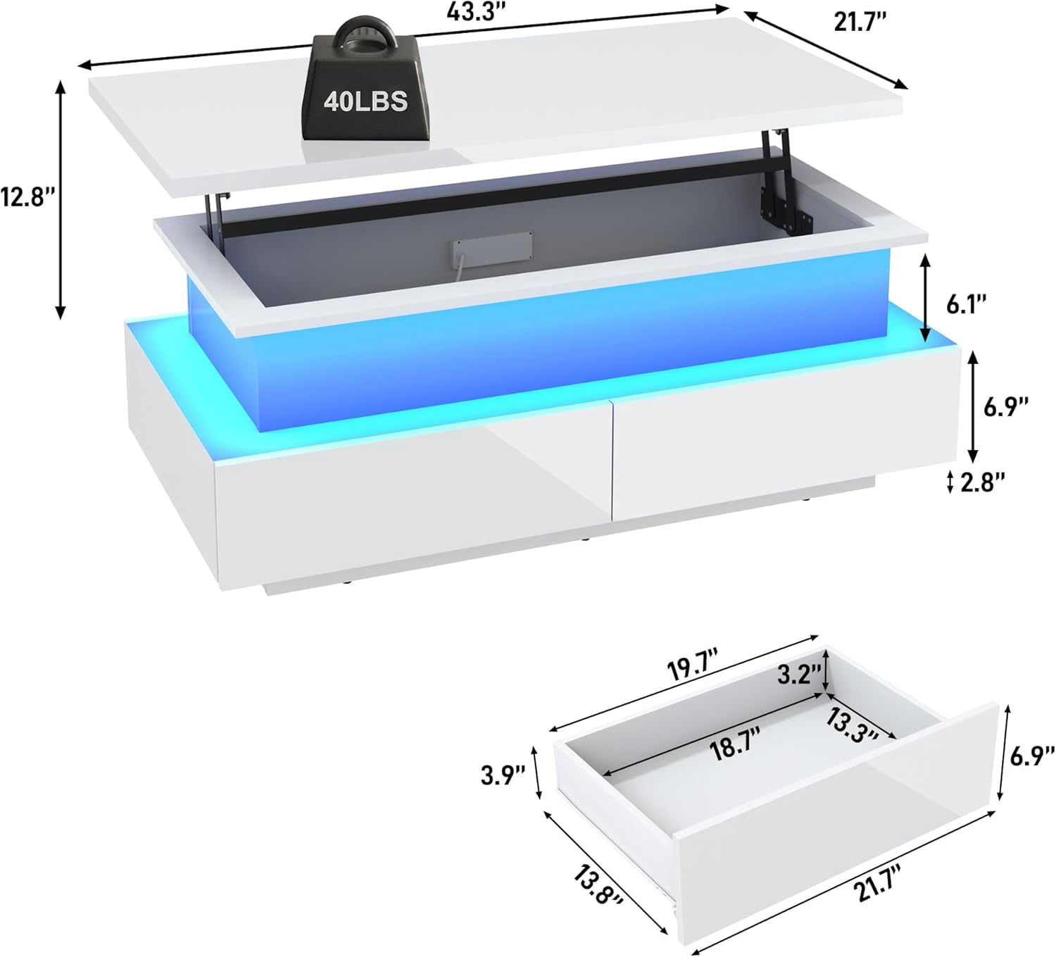 Blotout LED Lift Top Coffee Table with 2 Storage Drawer, 43.3" Modern High Glossy Coffee Tables with Led Lights and Open Display Shelf, 2-Tier Rectangle Center Table for Living Room,White
