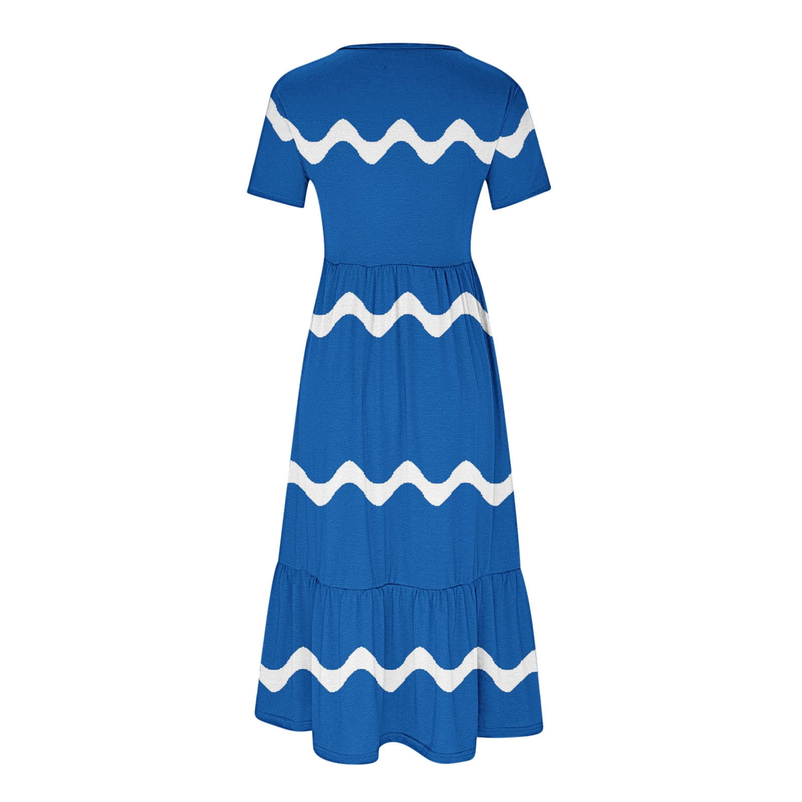 Womens Short Sleeve Mid Long Dress with Pockets Fashion Wave Striped Print Pleated Casual Tiered Maxi T-shirt Dress (X-Large, Blue)