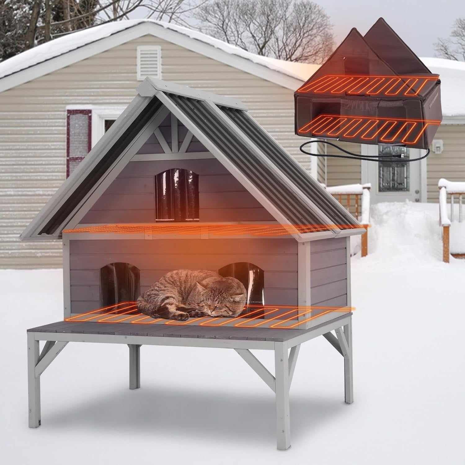 Aivituvin Heated Cat House 2-Level Large Outdoor Cat House Insulated Weatherproof Feral Cat Shelter with 2 Heating Pads, Insulated All-Round Thermal Liner, Large Porch, 3 Escape Doors for 1-6 Cats