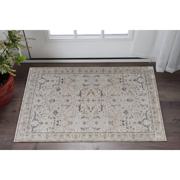 2' X 3' Gray Blue and Red Ikat Power Loom Worn Faded Area Rug With Fringe