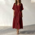 thumbnail image 4 of Bxsruta Women's Wrap V Neck Midi Dress Button Front Short Sleeve Loose Fit Casual Faux Linen Summer Dress Breathable Lightweight Versatile Everyday Flattering, 4 of 8