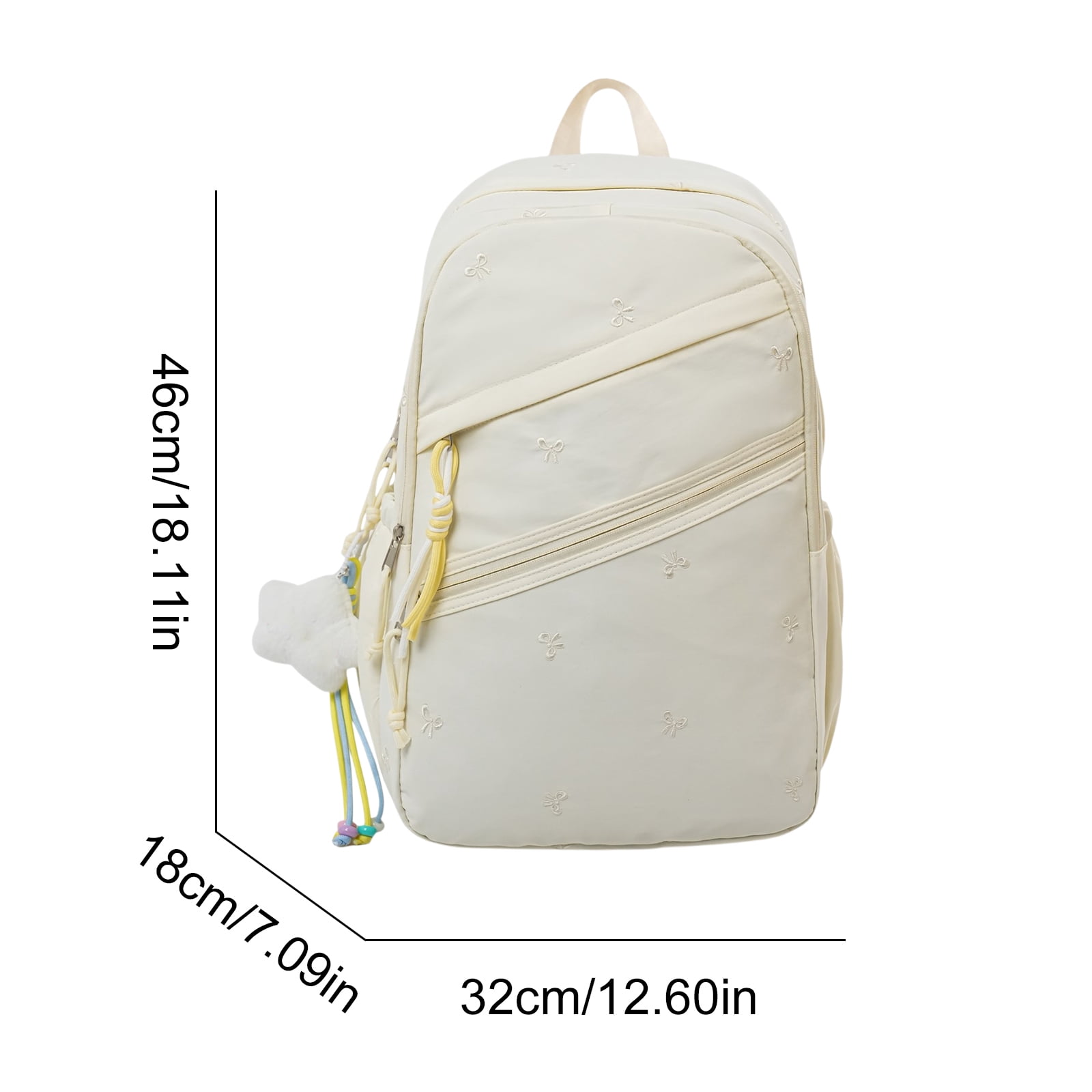 HUISZJ Floral Print School Backpack, Large Capacity Schoolbag with Pendant, Nylon School Backpack for Travel Work Shopping, White